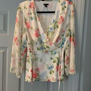 Ann Taylor Floral V-Neck Blouse - Cream and Pink